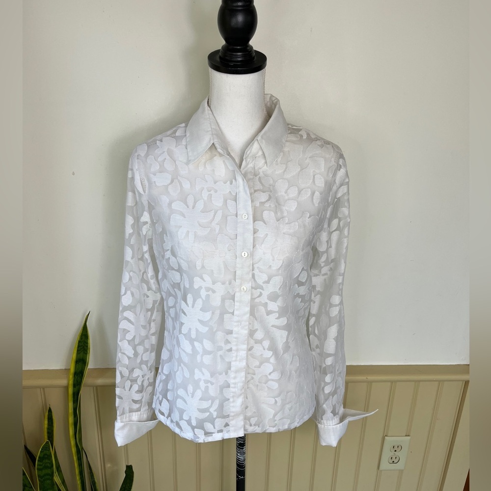 Saint Tropez West Sheer Floral Linen Shirt S White Festival Beach Coverup Grunge